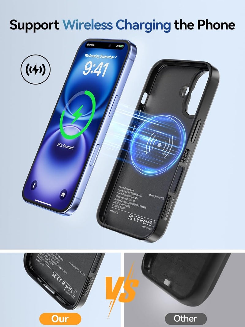 Newdery Battery Case for iPhone 16 Series (iPhone 16-5000mAh) Black - Image 4